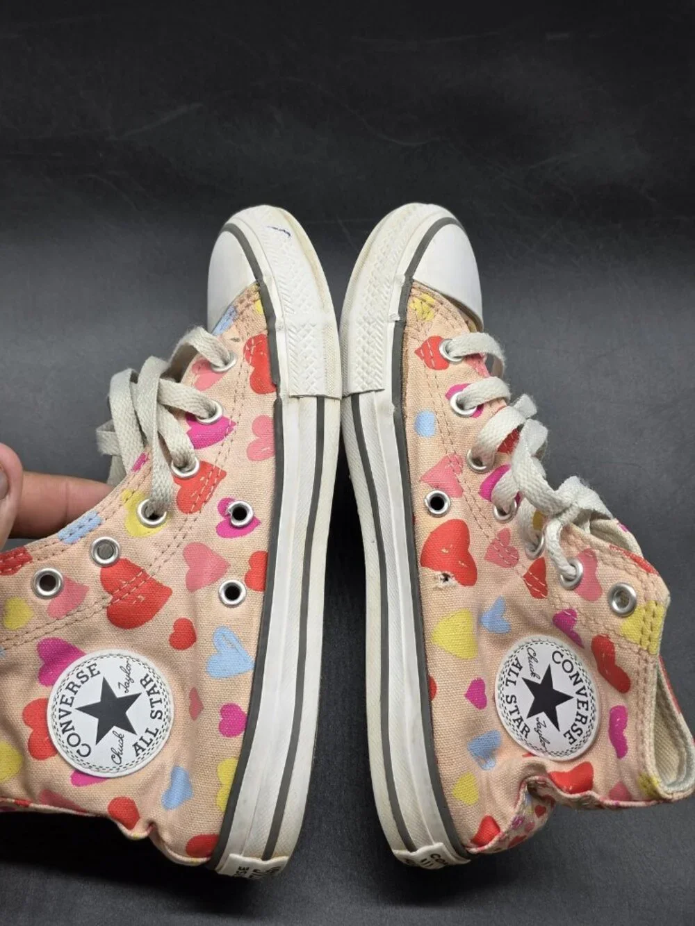 Converse All Star Shoes Kids Size 2 Pink Heart High Top Sneakers Damage Stains
